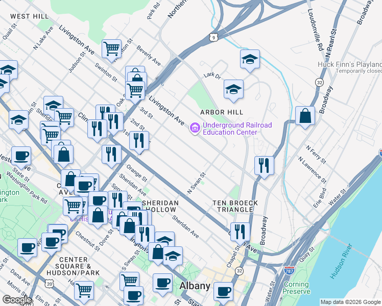 map of restaurants, bars, coffee shops, grocery stores, and more near 88 3rd Street in Albany
