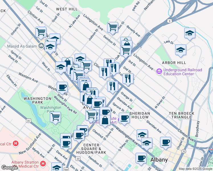 map of restaurants, bars, coffee shops, grocery stores, and more near 283 Sheridan Avenue in Albany