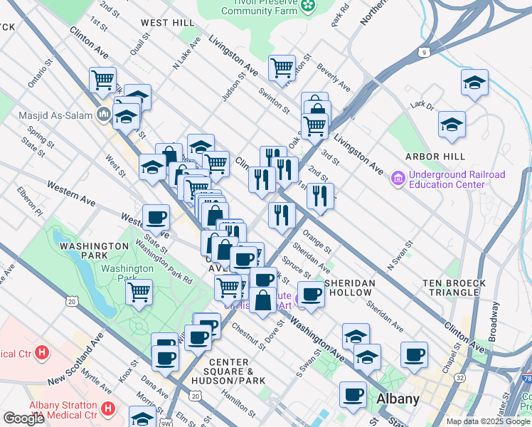 map of restaurants, bars, coffee shops, grocery stores, and more near 283 Sheridan Avenue in Albany