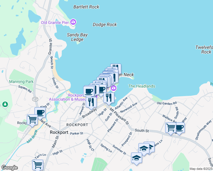 map of restaurants, bars, coffee shops, grocery stores, and more near 42 Bearskin Neck in Rockport