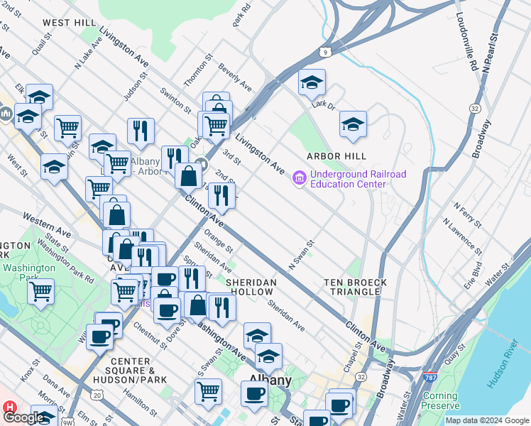 map of restaurants, bars, coffee shops, grocery stores, and more near 118 2nd Street in Albany