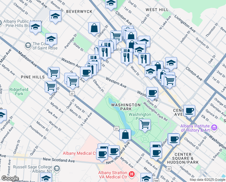 map of restaurants, bars, coffee shops, grocery stores, and more near 14 South Lake Avenue in Albany