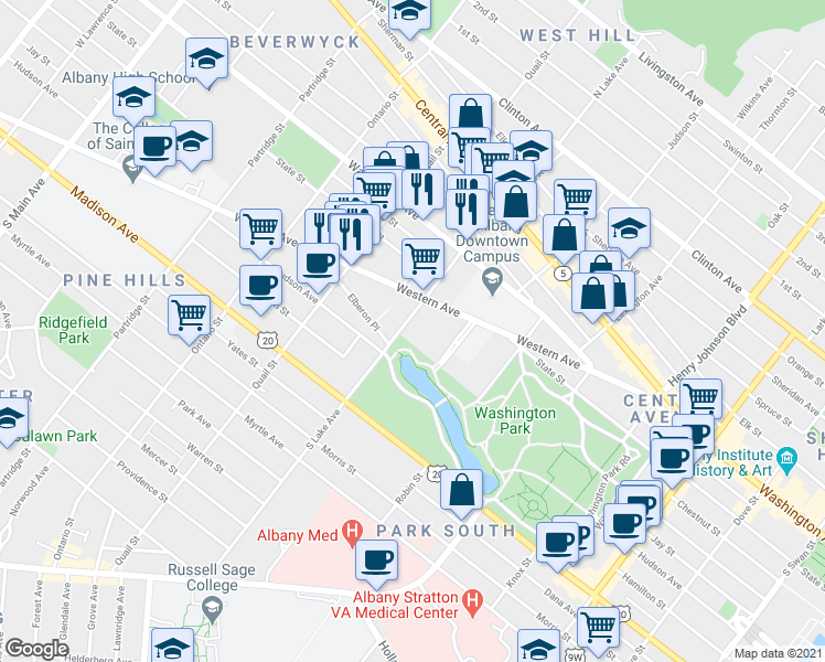 map of restaurants, bars, coffee shops, grocery stores, and more near 14 South Lake Avenue in Albany