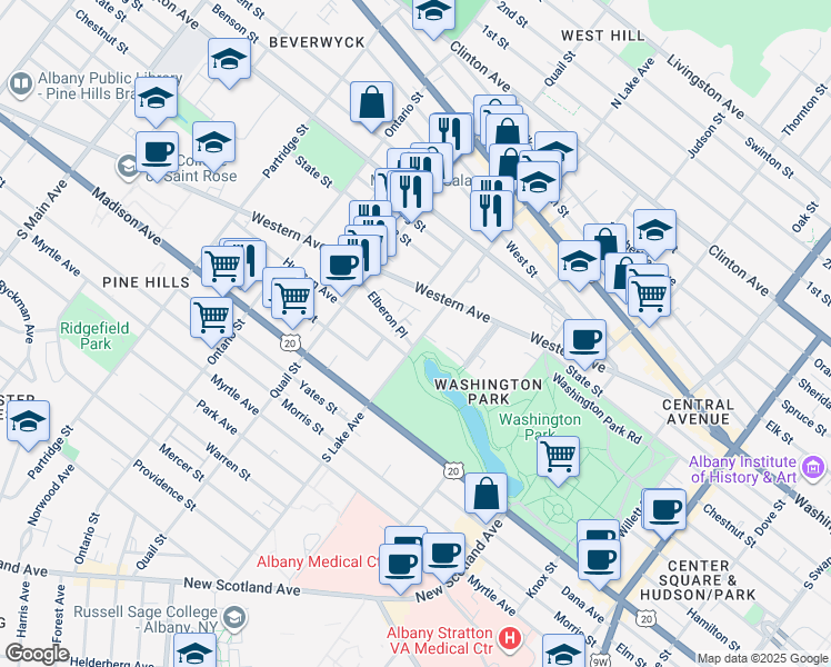 map of restaurants, bars, coffee shops, grocery stores, and more near 3 Elberon Place in Albany