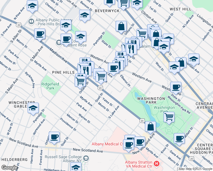 map of restaurants, bars, coffee shops, grocery stores, and more near 248 Quail Street in Albany