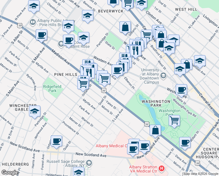 map of restaurants, bars, coffee shops, grocery stores, and more near 248 Quail Street in Albany