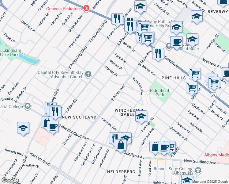 map of restaurants, bars, coffee shops, grocery stores, and more near in Albany