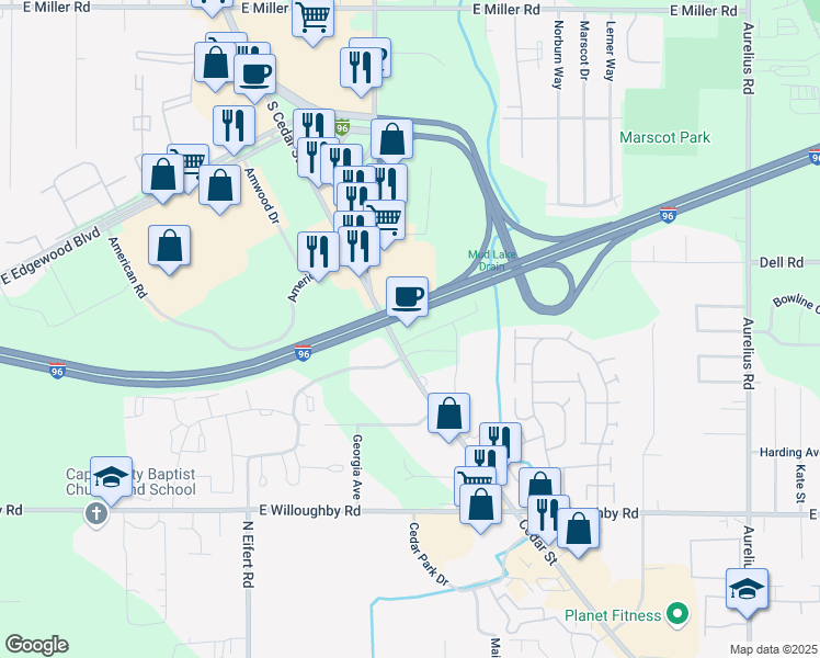 map of restaurants, bars, coffee shops, grocery stores, and more near 6727 South Cedar Street in Lansing