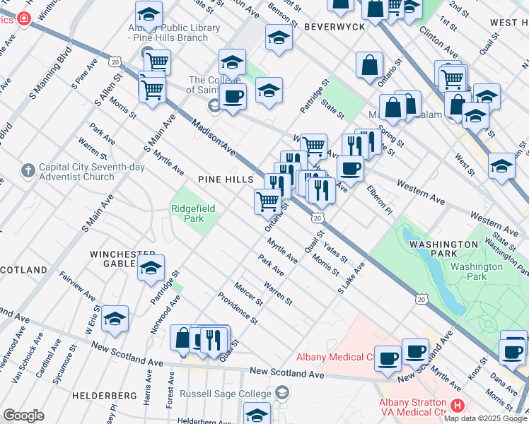 map of restaurants, bars, coffee shops, grocery stores, and more near 497 Morris Street in Albany