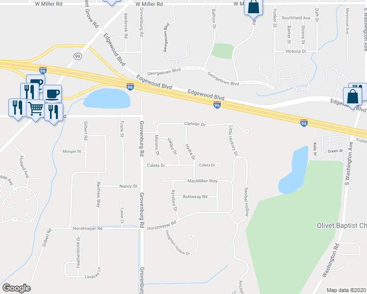 map of restaurants, bars, coffee shops, grocery stores, and more near 2691 Hydra Dr in Lansing