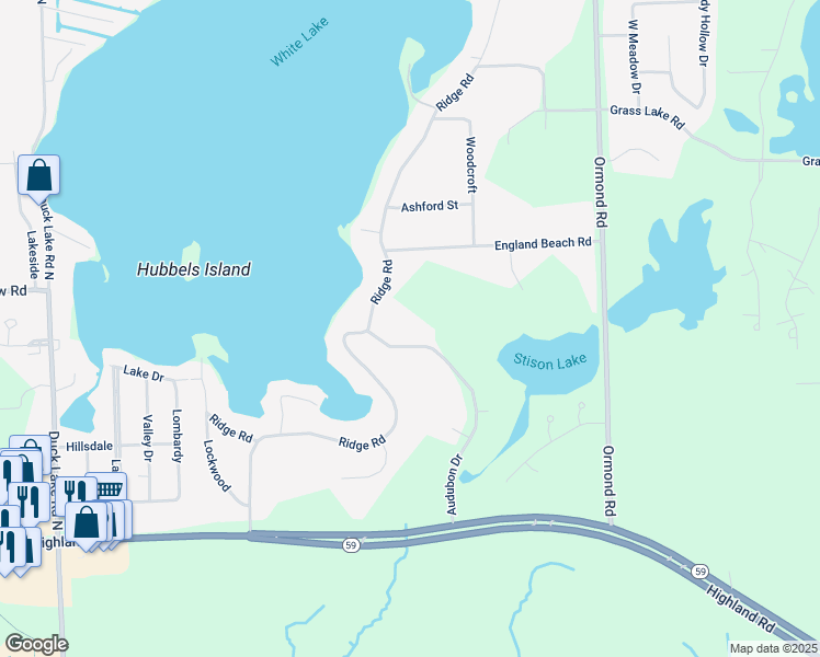 map of restaurants, bars, coffee shops, grocery stores, and more near 216 Audubon Drive in White Lake charter Township