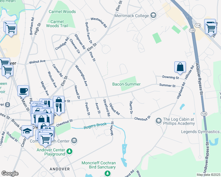 map of restaurants, bars, coffee shops, grocery stores, and more near 108 Pine Street in Andover