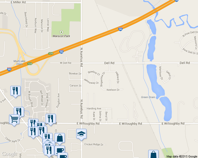 map of restaurants, bars, coffee shops, grocery stores, and more near 2685 Brigantine Dr in Lansing
