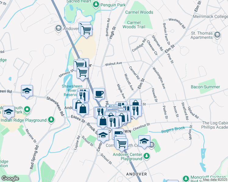 map of restaurants, bars, coffee shops, grocery stores, and more near 34 1/2 Maple Avenue in Andover