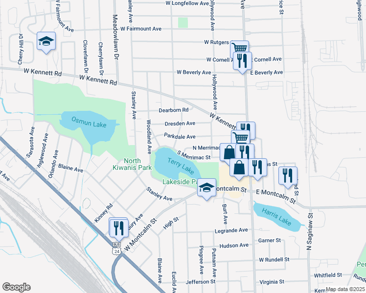 map of restaurants, bars, coffee shops, grocery stores, and more near 146 North Merrimac Street in Pontiac