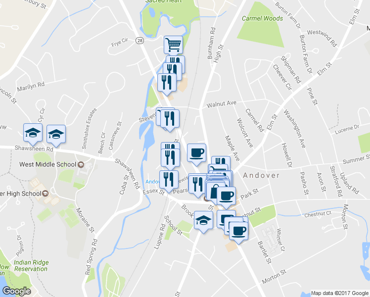 map of restaurants, bars, coffee shops, grocery stores, and more near 122 N Main St in Andover