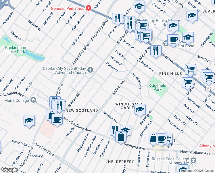 map of restaurants, bars, coffee shops, grocery stores, and more near 318 Hansen Ave in Albany