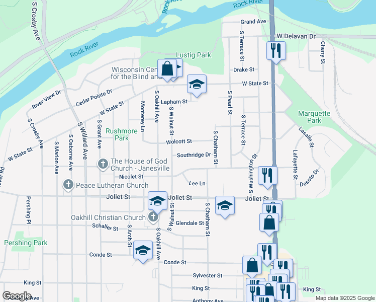 map of restaurants, bars, coffee shops, grocery stores, and more near 1524 Southridge Drive in Janesville