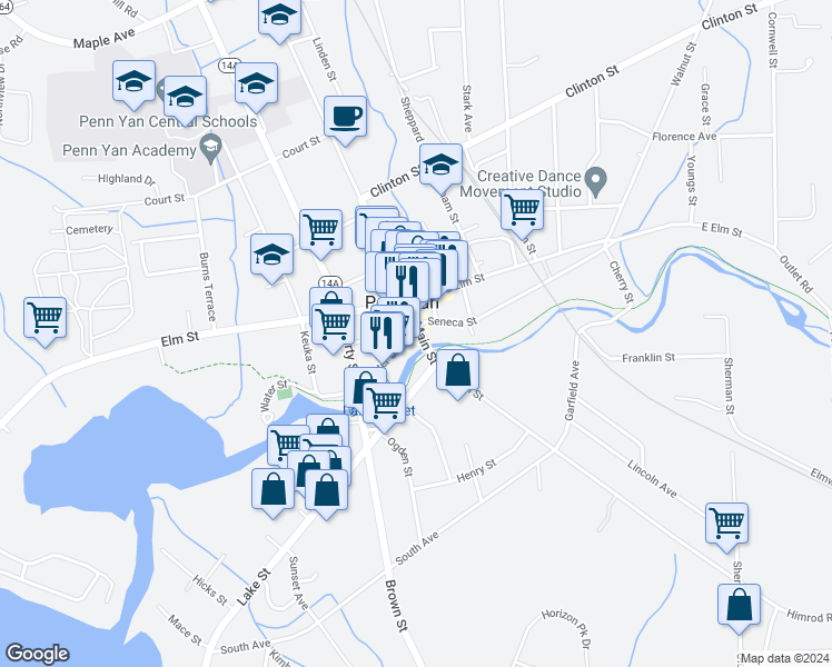 map of restaurants, bars, coffee shops, grocery stores, and more near 104 Water Street in Penn Yan