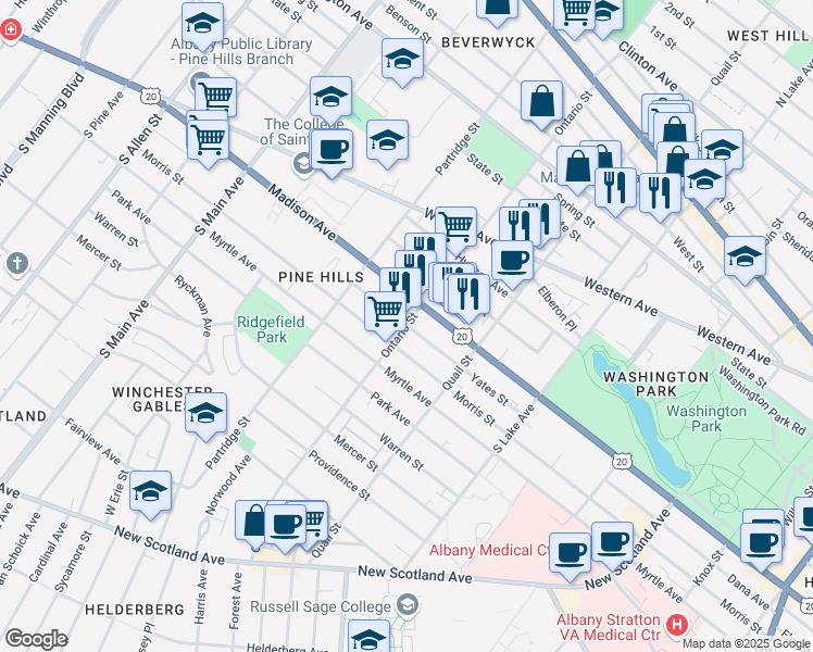 map of restaurants, bars, coffee shops, grocery stores, and more near Ontario Street & Yates Street in Albany