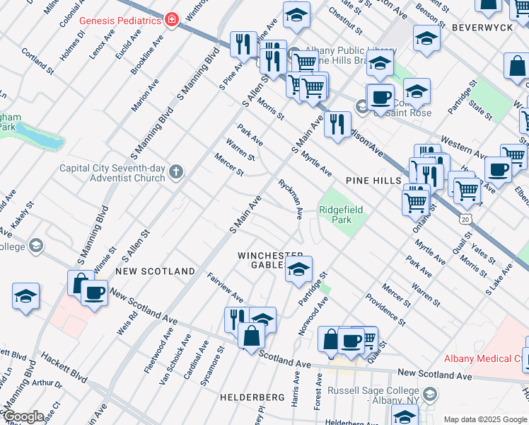 map of restaurants, bars, coffee shops, grocery stores, and more near 241 Hansen Avenue in Albany