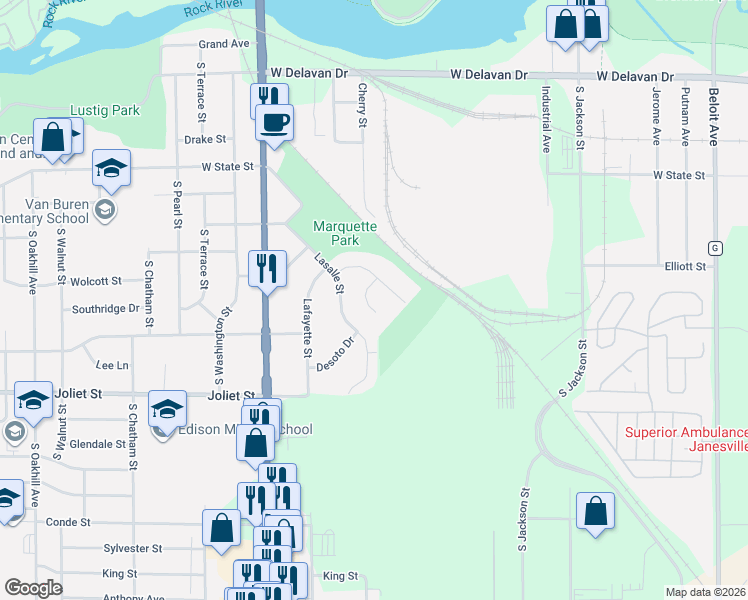 map of restaurants, bars, coffee shops, grocery stores, and more near 627 Chartier Street in Janesville