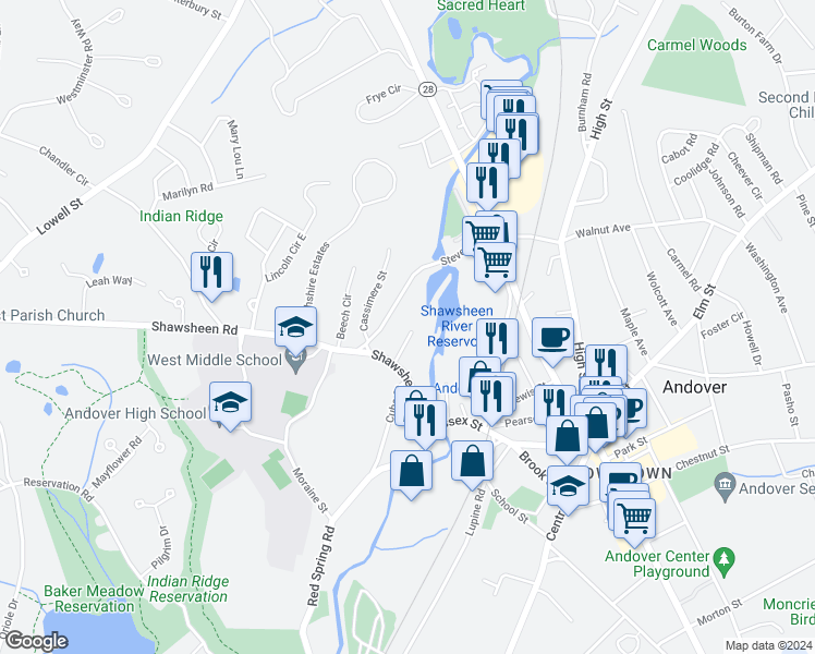 map of restaurants, bars, coffee shops, grocery stores, and more near 24 Brechin Terrace in Andover
