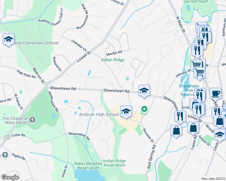 map of restaurants, bars, coffee shops, grocery stores, and more near 128 Shawsheen Road in Andover