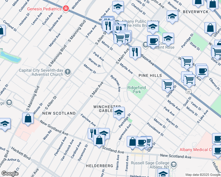 map of restaurants, bars, coffee shops, grocery stores, and more near 241 Hansen Avenue in Albany