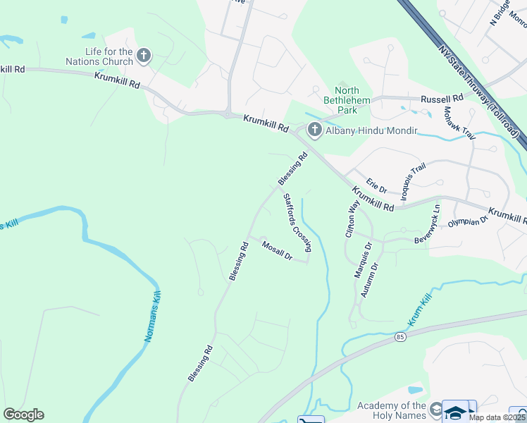 map of restaurants, bars, coffee shops, grocery stores, and more near 56 Blessing Road in Slingerlands