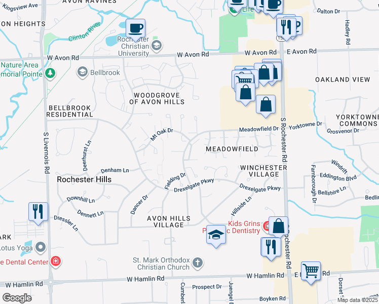 map of restaurants, bars, coffee shops, grocery stores, and more near 1560 Meadowside Drive in Rochester Hills