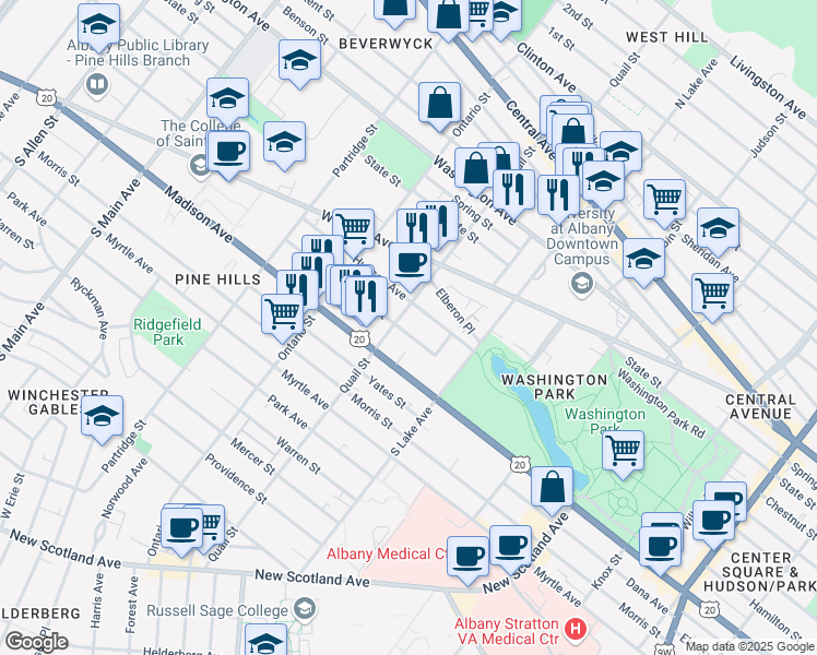 map of restaurants, bars, coffee shops, grocery stores, and more near 248 Quail Street in Albany