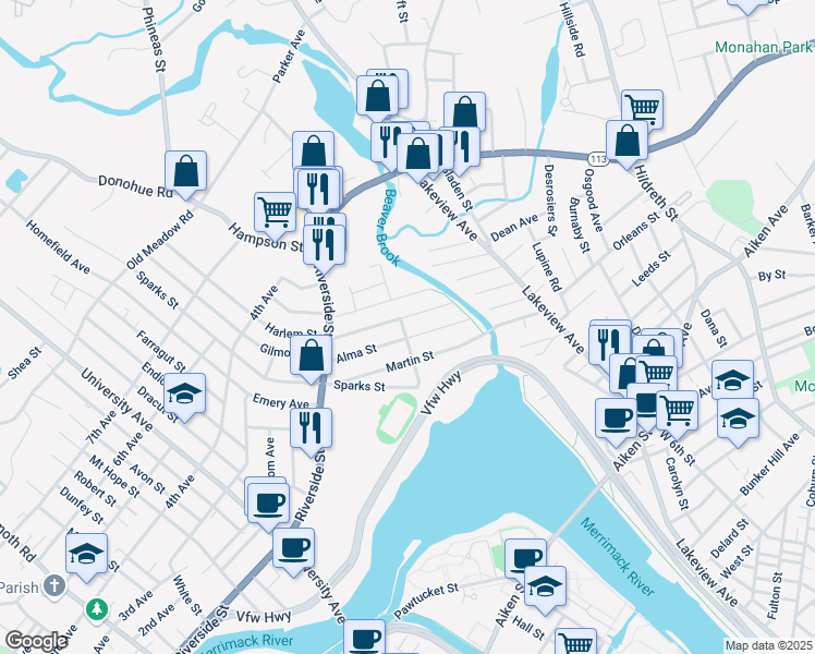 map of restaurants, bars, coffee shops, grocery stores, and more near 99 Rosemont Street in Lowell