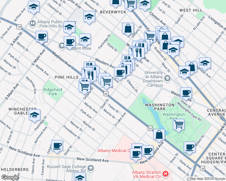 map of restaurants, bars, coffee shops, grocery stores, and more near 249 Quail Street in Albany