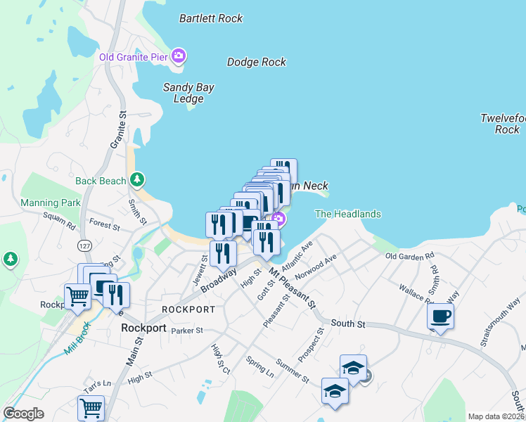 map of restaurants, bars, coffee shops, grocery stores, and more near 42 Bearskin Neck in Rockport