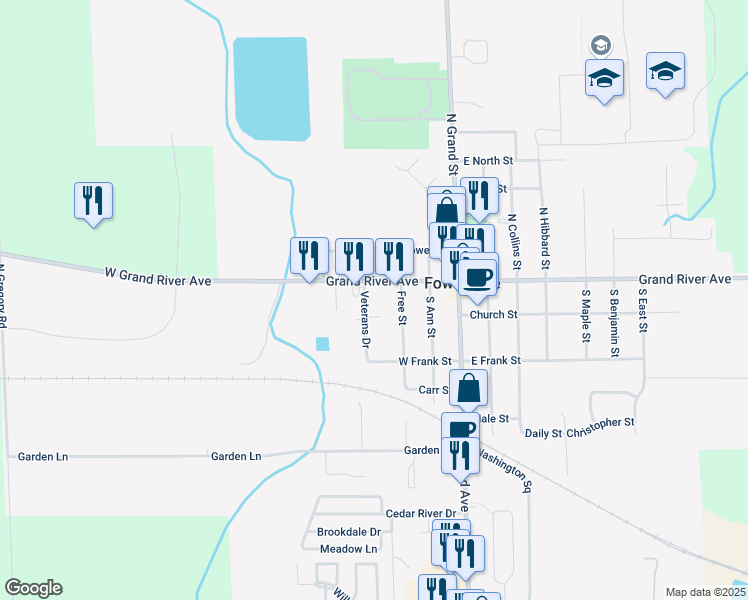 map of restaurants, bars, coffee shops, grocery stores, and more near 123 Veterans Drive in Fowlerville