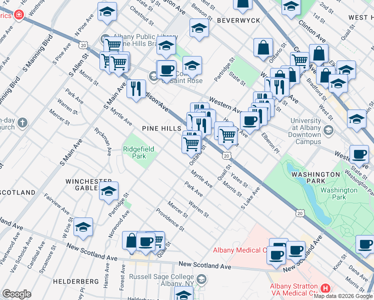 map of restaurants, bars, coffee shops, grocery stores, and more near 497 Morris Street in Albany