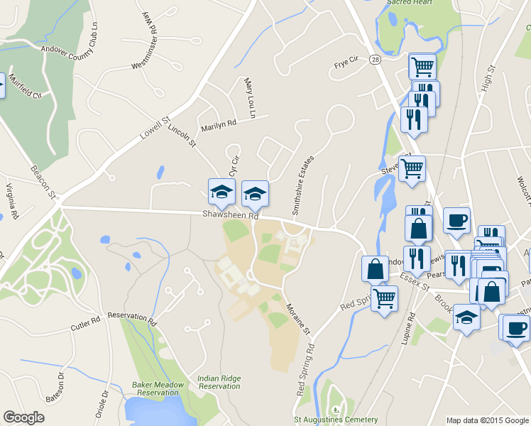 map of restaurants, bars, coffee shops, grocery stores, and more near 91 Shawsheen Road in Andover