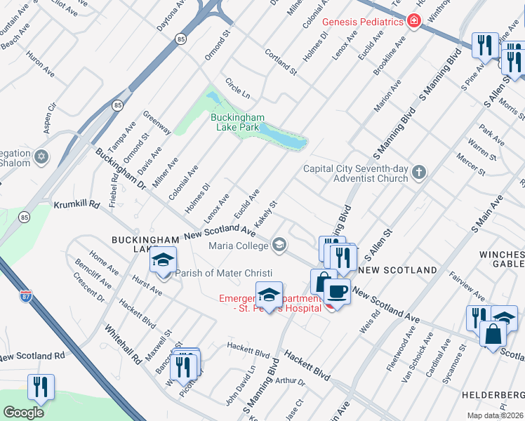 map of restaurants, bars, coffee shops, grocery stores, and more near 14 Kakely Street in Albany