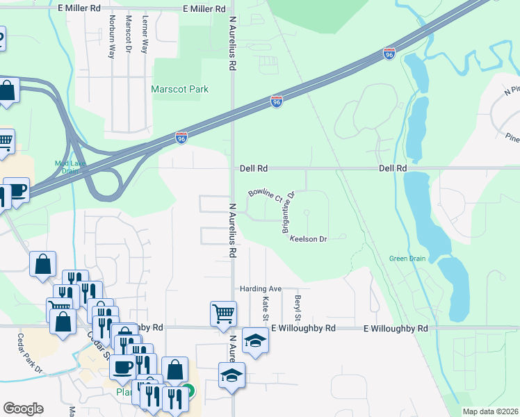 map of restaurants, bars, coffee shops, grocery stores, and more near 2685 Yachtsman Drive in Lansing