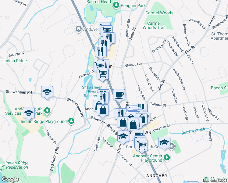 map of restaurants, bars, coffee shops, grocery stores, and more near 122 North Main Street in Andover