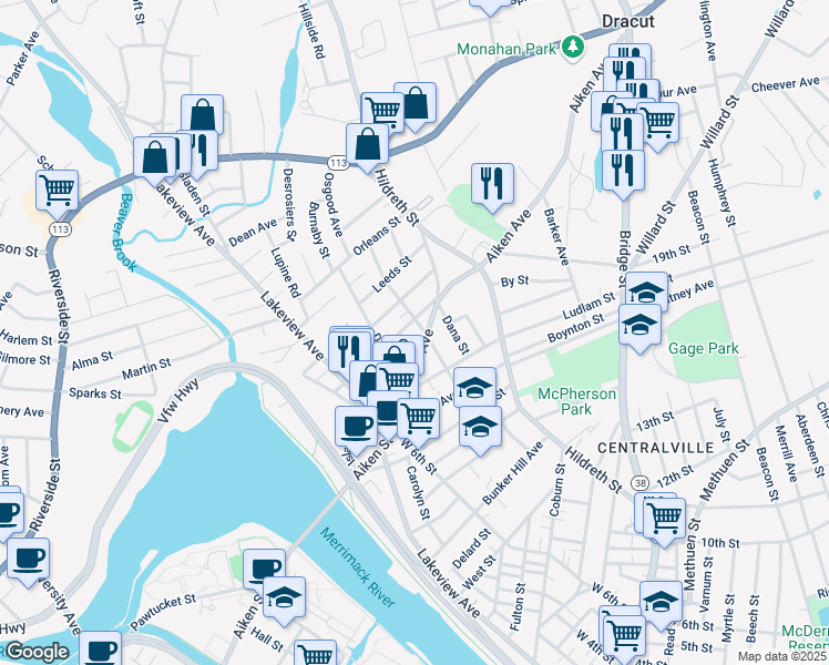map of restaurants, bars, coffee shops, grocery stores, and more near 120 Aiken Avenue in Lowell