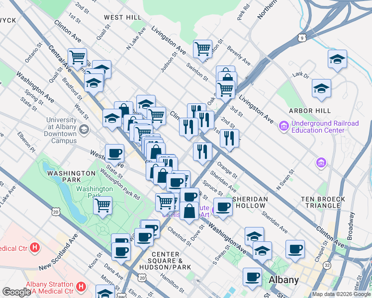 map of restaurants, bars, coffee shops, grocery stores, and more near 283 Sheridan Avenue in Albany