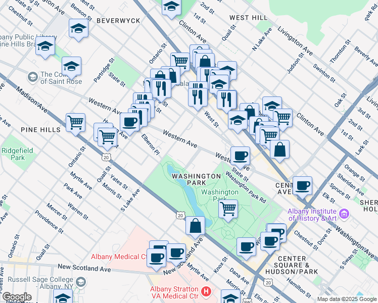 map of restaurants, bars, coffee shops, grocery stores, and more near 2 Thurlow Terrace in Albany