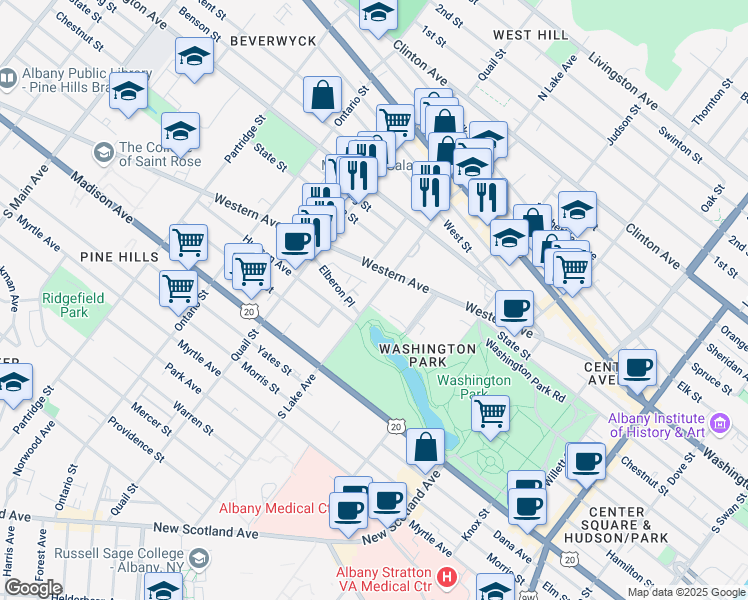 map of restaurants, bars, coffee shops, grocery stores, and more near 14 South Lake Avenue in Albany