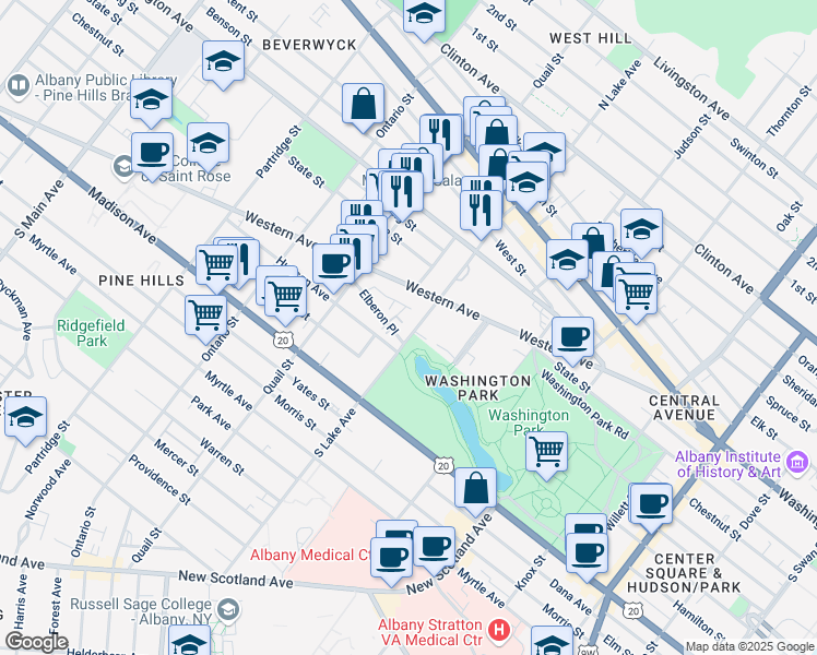 map of restaurants, bars, coffee shops, grocery stores, and more near 3 Elberon Place in Albany