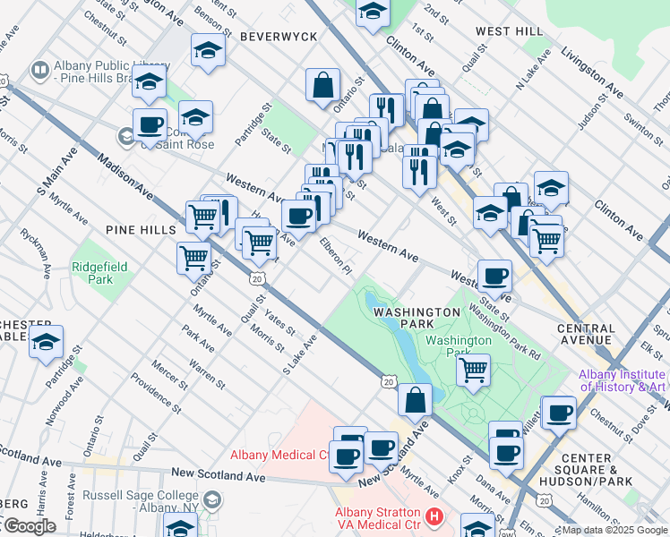 map of restaurants, bars, coffee shops, grocery stores, and more near 3 Elberon Place in Albany