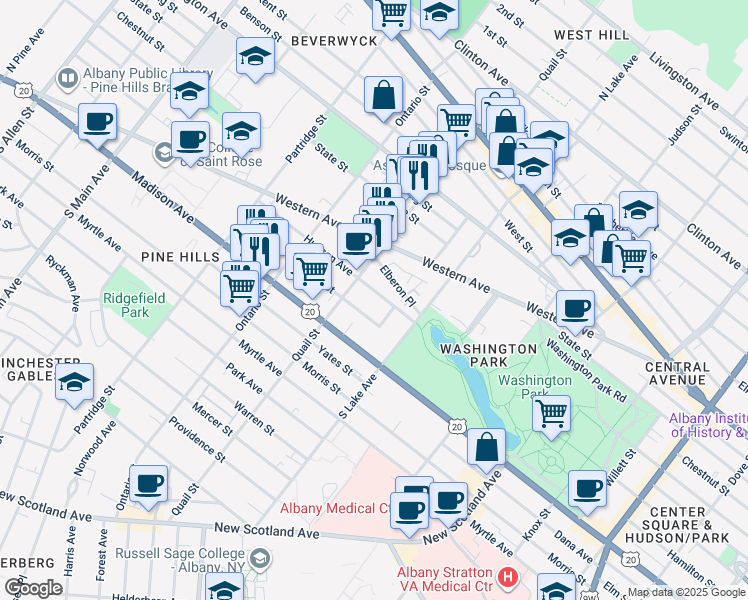 map of restaurants, bars, coffee shops, grocery stores, and more near 420 Hudson Avenue in Albany