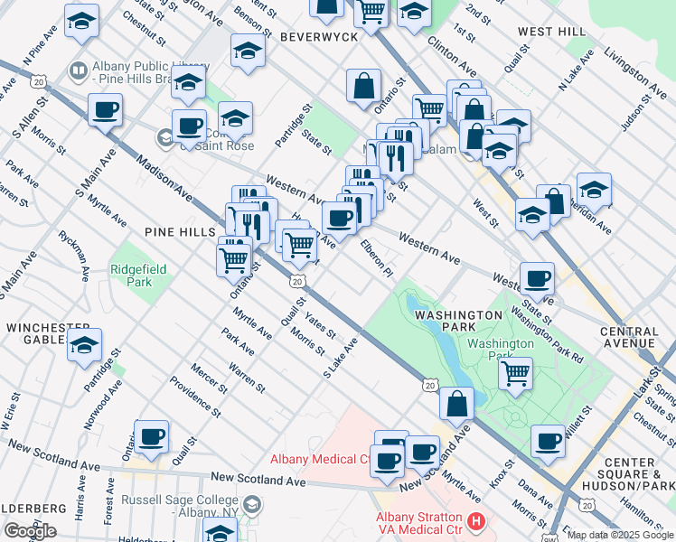 map of restaurants, bars, coffee shops, grocery stores, and more near 248 Quail Street in Albany