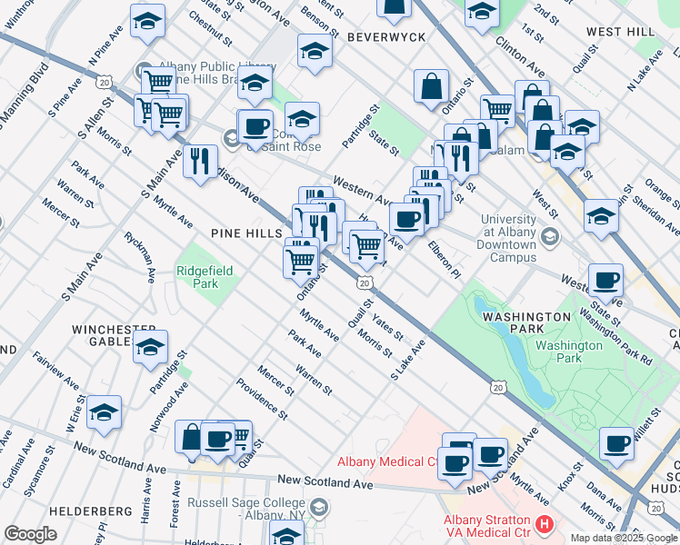 map of restaurants, bars, coffee shops, grocery stores, and more near 844 Madison Avenue in Albany